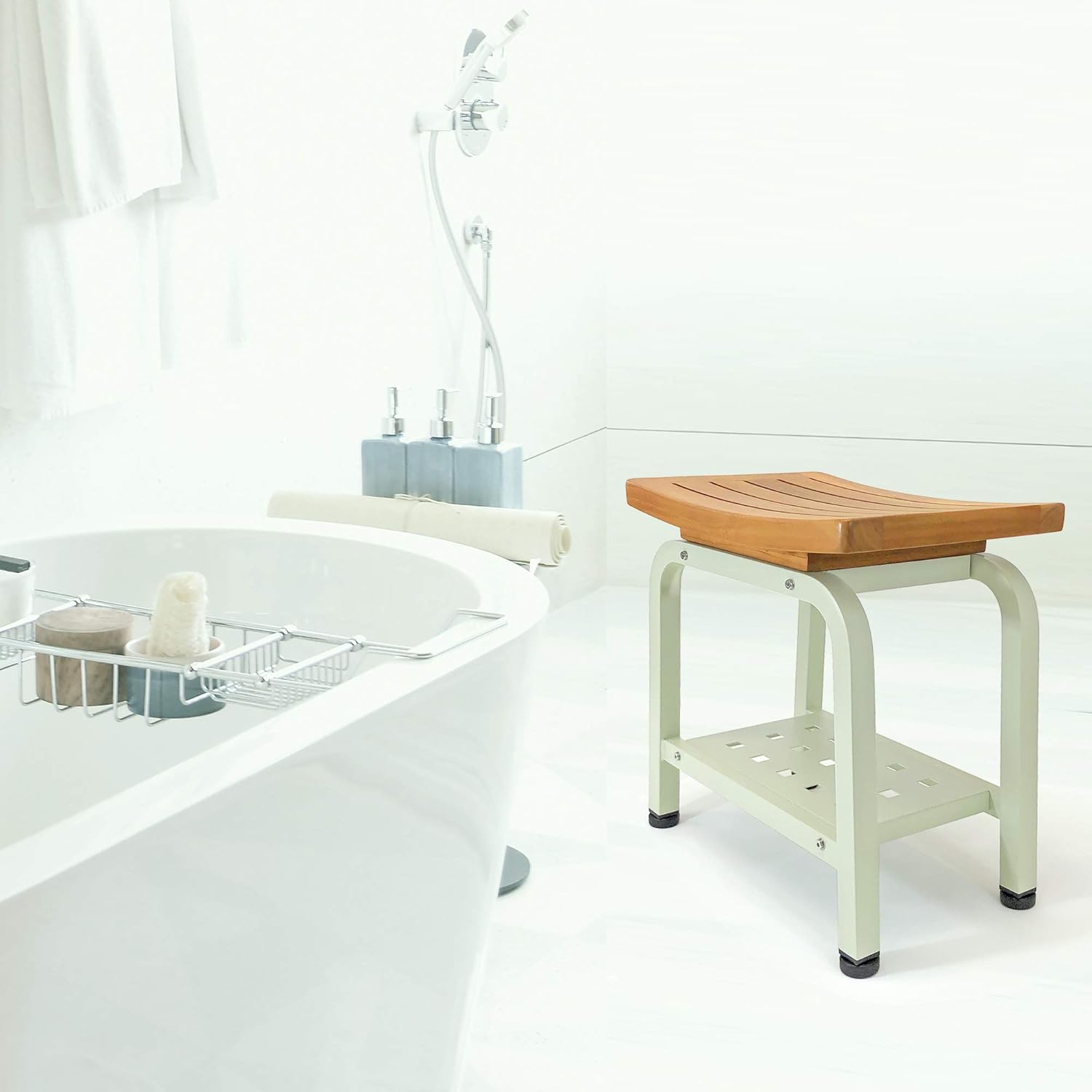 Bali Stool, Bench, Teak & Aluminum Shower/Bathroom/Spa/Patio/Swimming, Chair/Side Table Indoor/Outdoor, Adjustable TPR Foot Pads, B103/SGE (Light Sage)