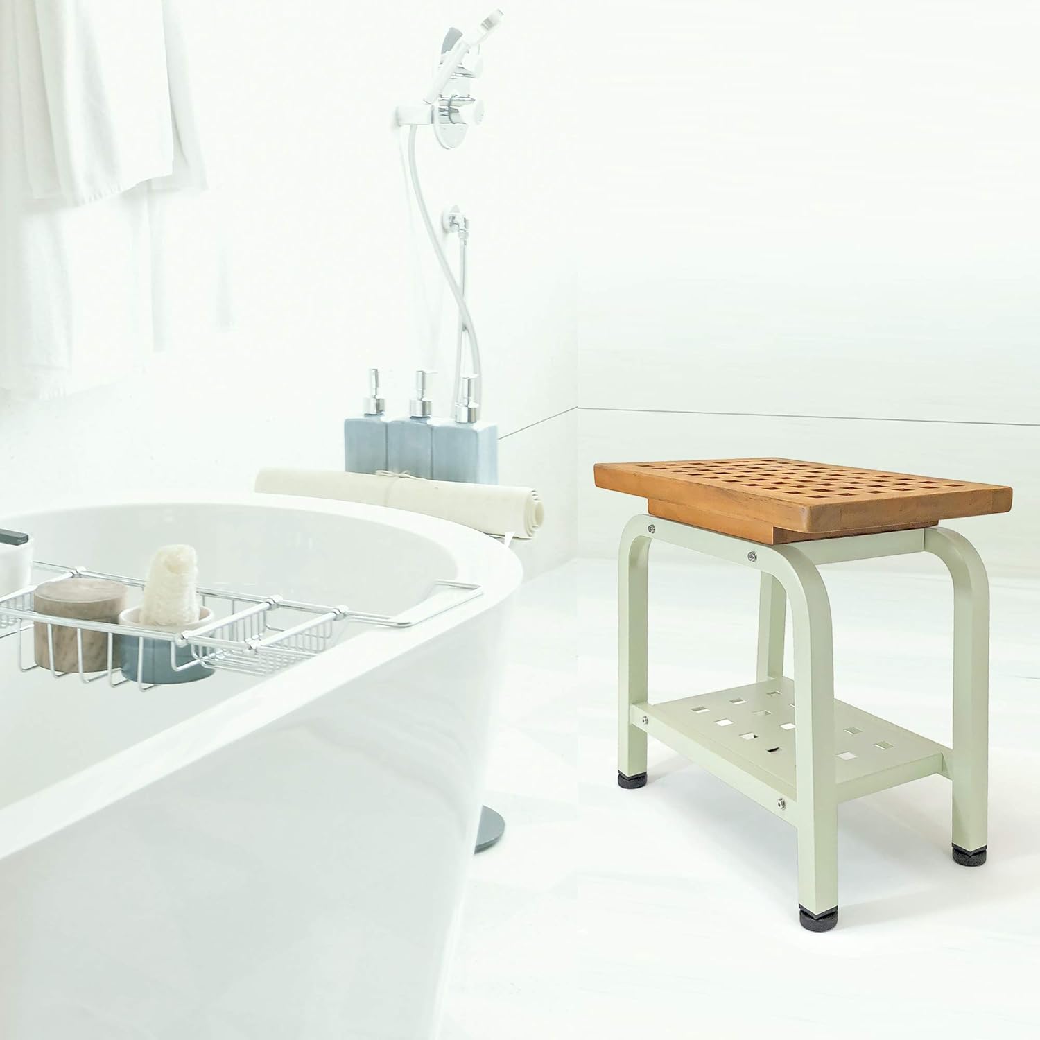 Maya Stool Bench, Teak & Aluminum Shower/Bath/Spa/Patio/Swimming/Pool/Beach , Chair/Side Table for Indoor/Outdoor, Adjustable TPR Foot Pads, Light Sage