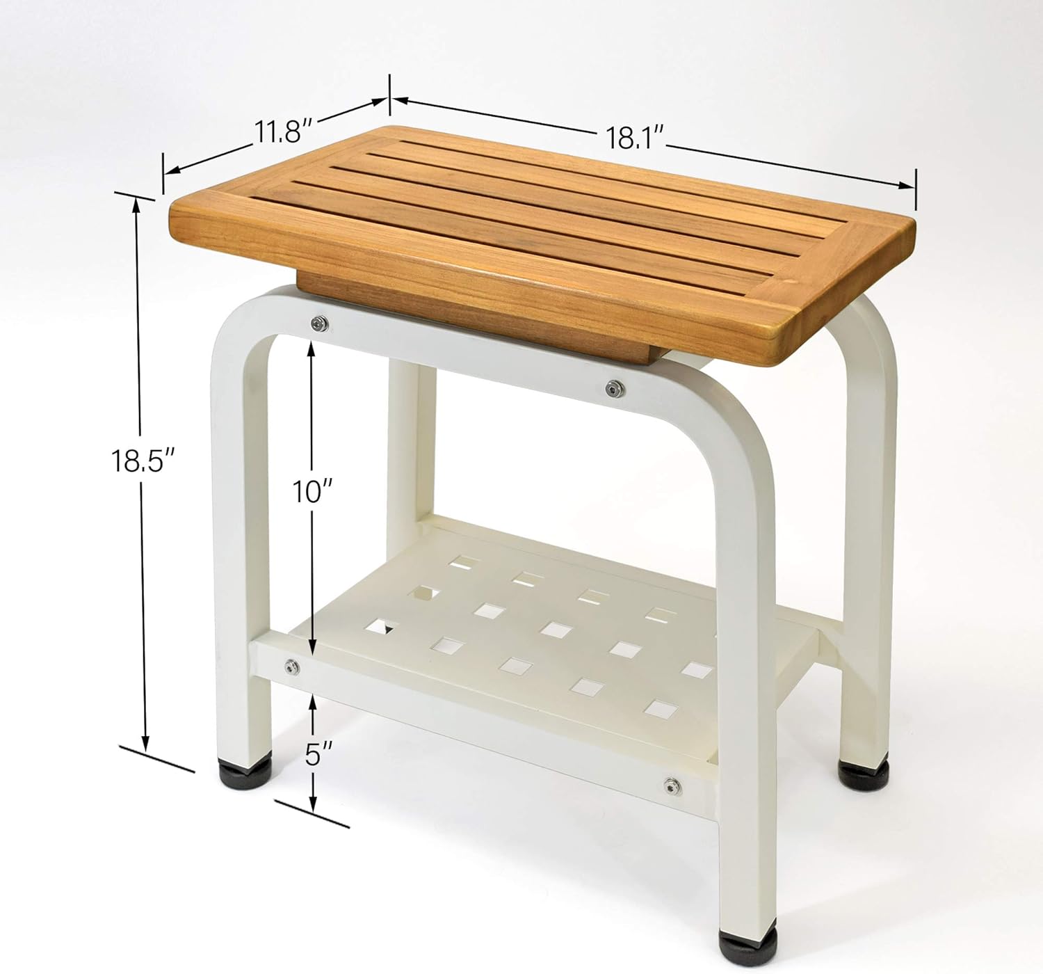 Aman Stool Bench, Teak & Aluminum Shower/Bath/Spa/Patio/Swimming/Pool/Beach , Chair/Side Table for Indoor/Outdoor, Adjustable TPR Foot Pads, Light Gray