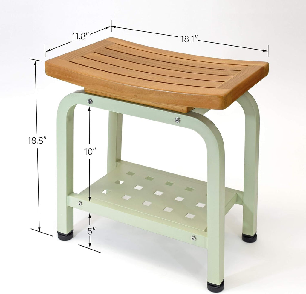 Bali Stool, Bench, Teak & Aluminum Shower/Bathroom/Spa/Patio/Swimming, Chair/Side Table Indoor/Outdoor, Adjustable TPR Foot Pads, B103/SGE (Light Sage)