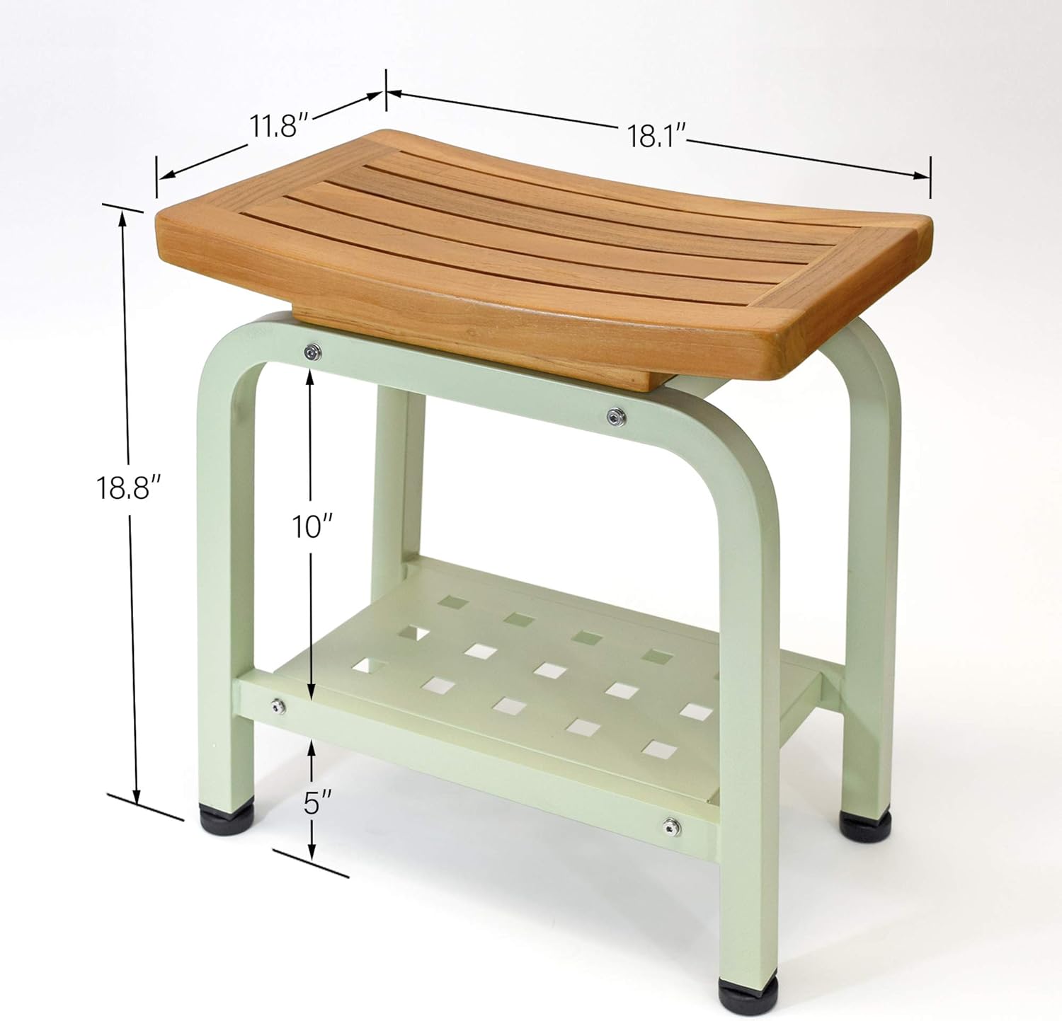 Bali Stool, Bench, Teak & Aluminum Shower/Bathroom/Spa/Patio/Swimming, Chair/Side Table Indoor/Outdoor, Adjustable TPR Foot Pads, B103/SGE (Light Sage)