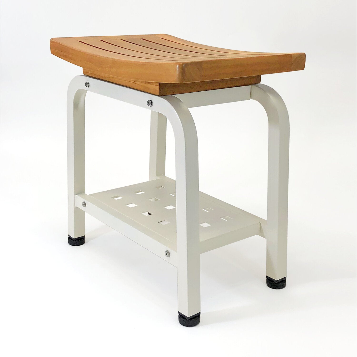 Bali Shower Bench, Teak & Aluminum Shower/Bath/Spa/Patio Stool Bench, Chair/Side Table with Storage Shelf for Indoor/Outdoor, Adjustable TPR Foot Pads,