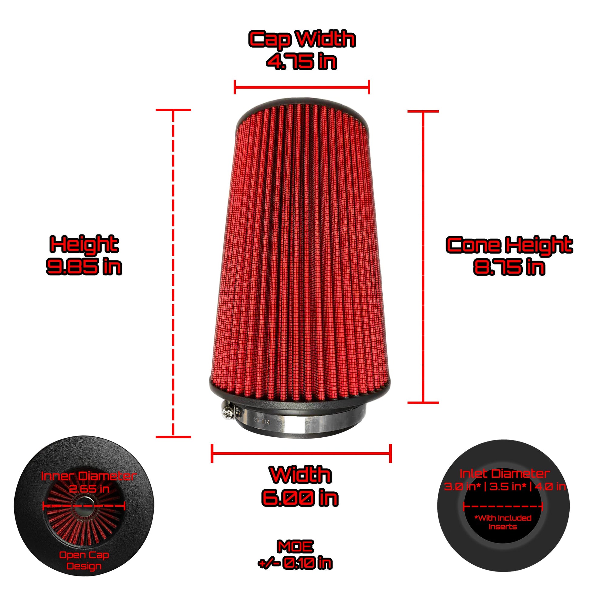 Universal 3.0" 3.5" 4.0" Inlet Performance Dry Air Filter 9.85" H x 6.00" W - Black Cap